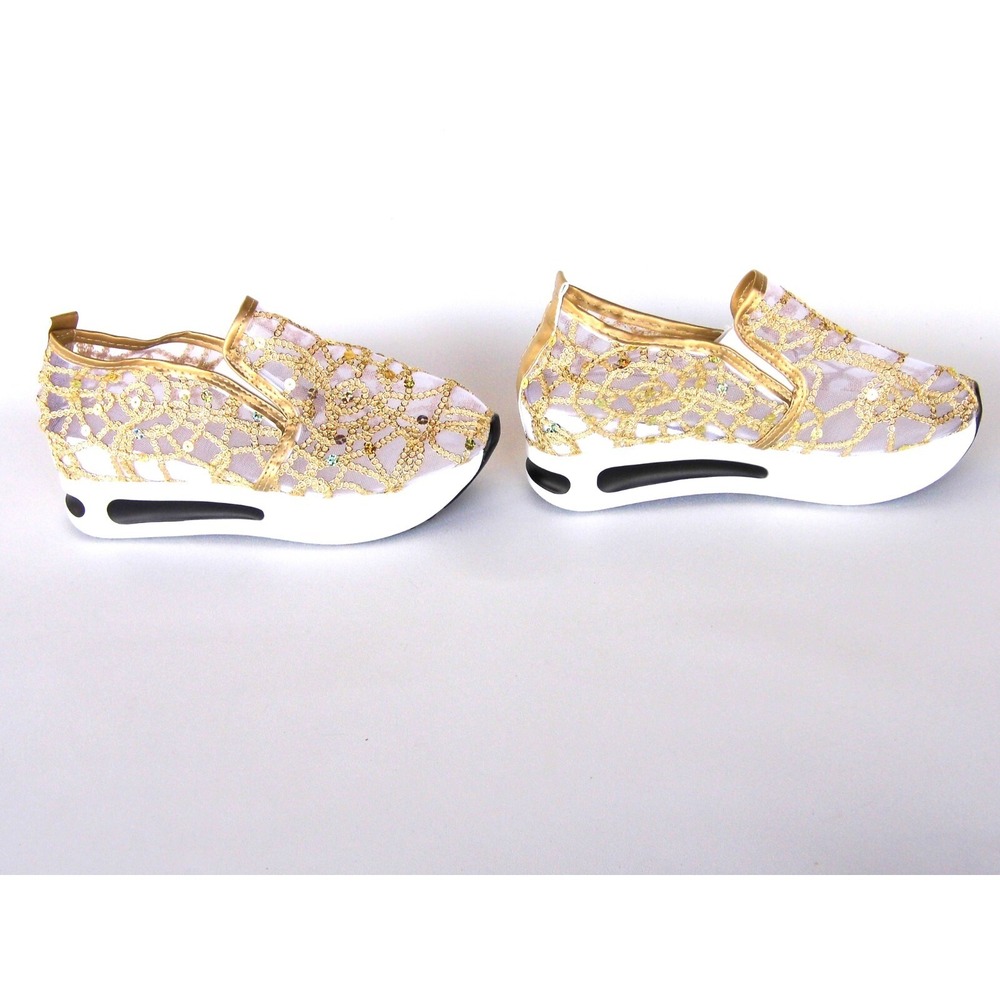 Mesh Gold Lace Sequin Slip On Summer Travel Flat Shoes 1-00050 Women Sz 10